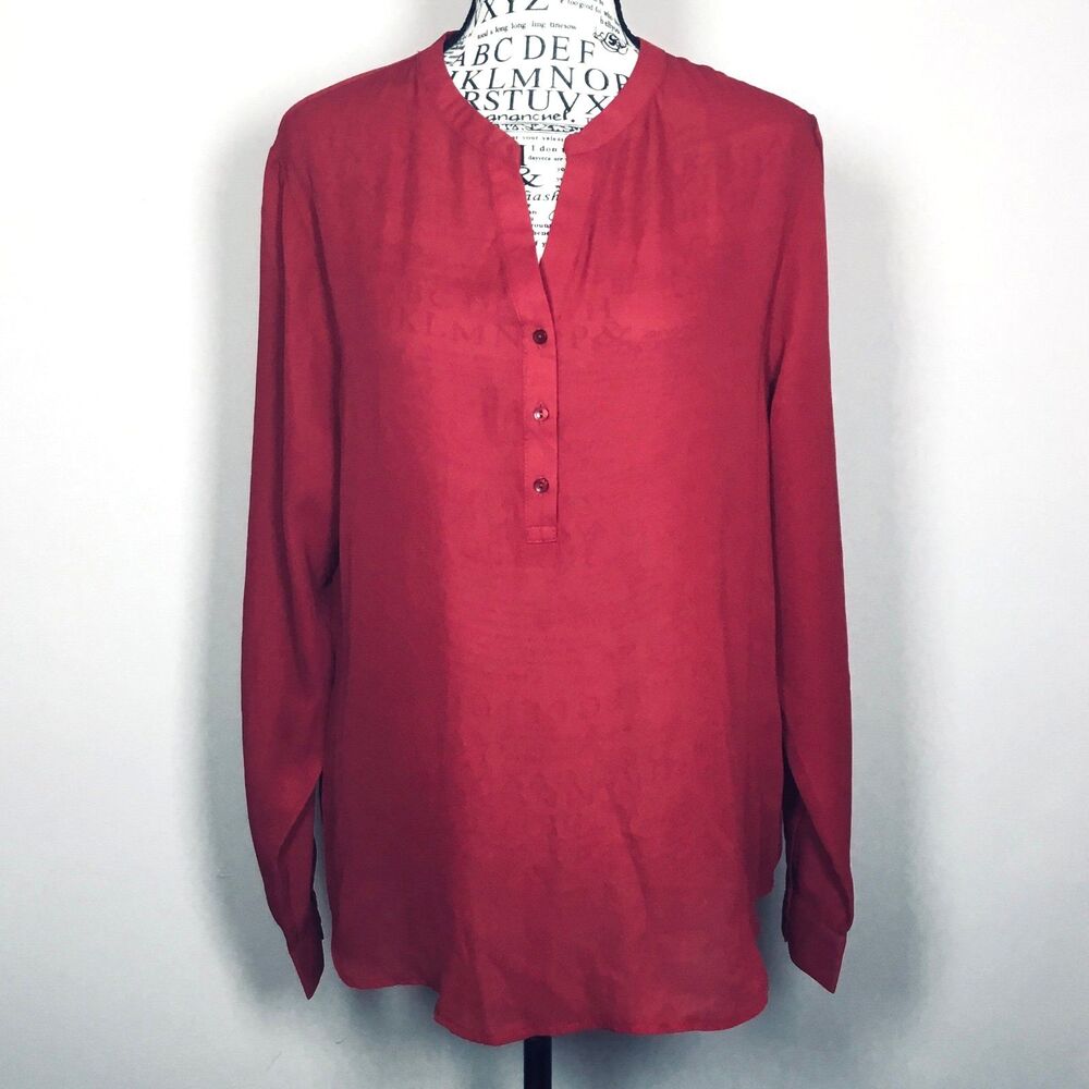 Red semi sheer blouse long sleeve vee neck business casual office work classy L